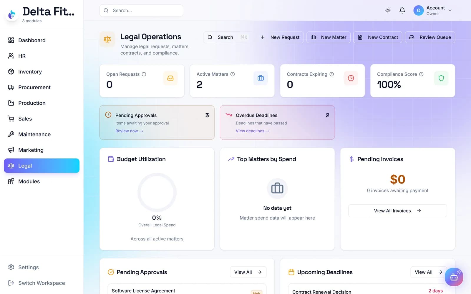 شاشة من وحدة الشؤون القانونية في مساحة عمل ERP-Forge