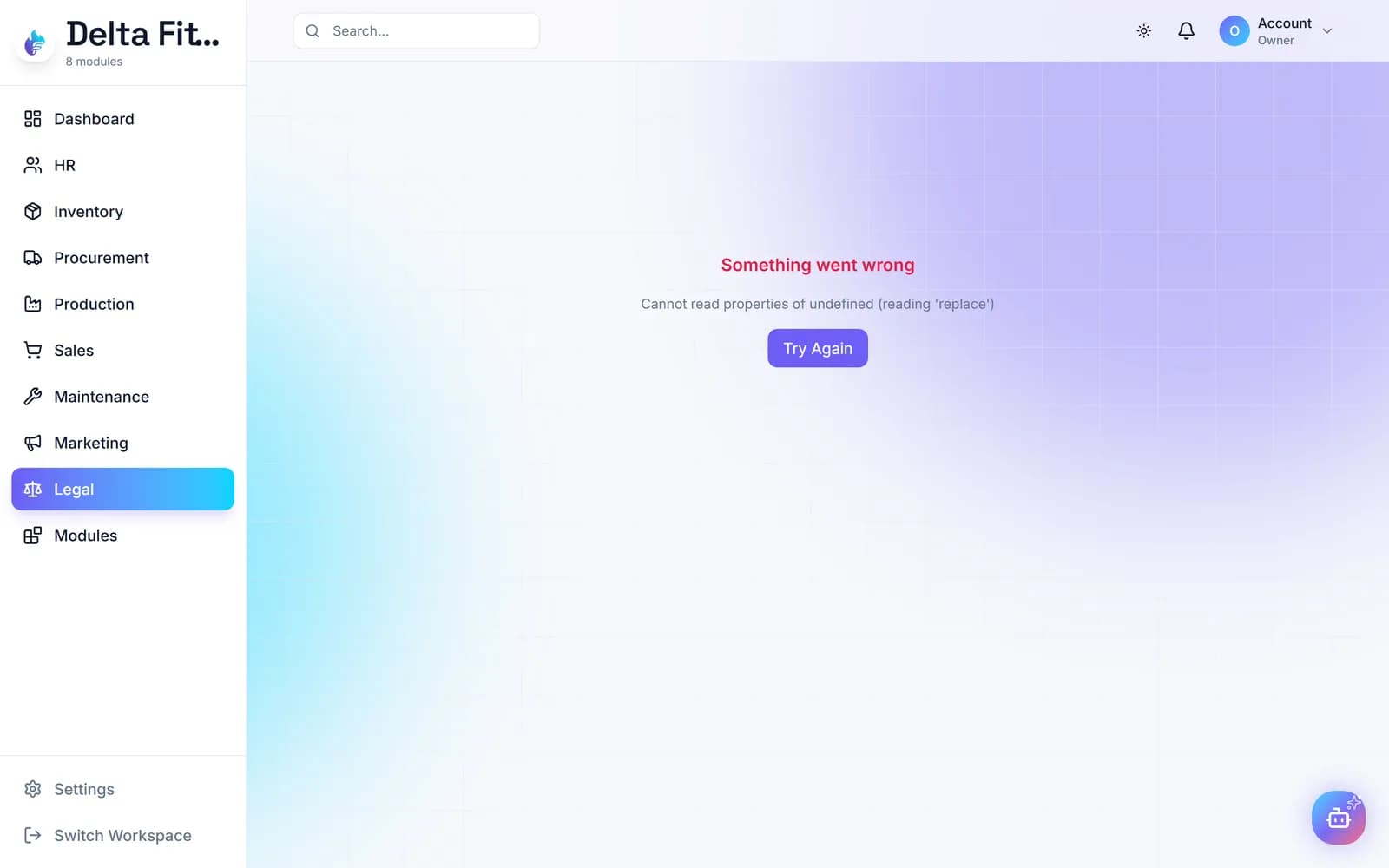 شاشة من وحدة الشؤون القانونية في مساحة عمل ERP-Forge