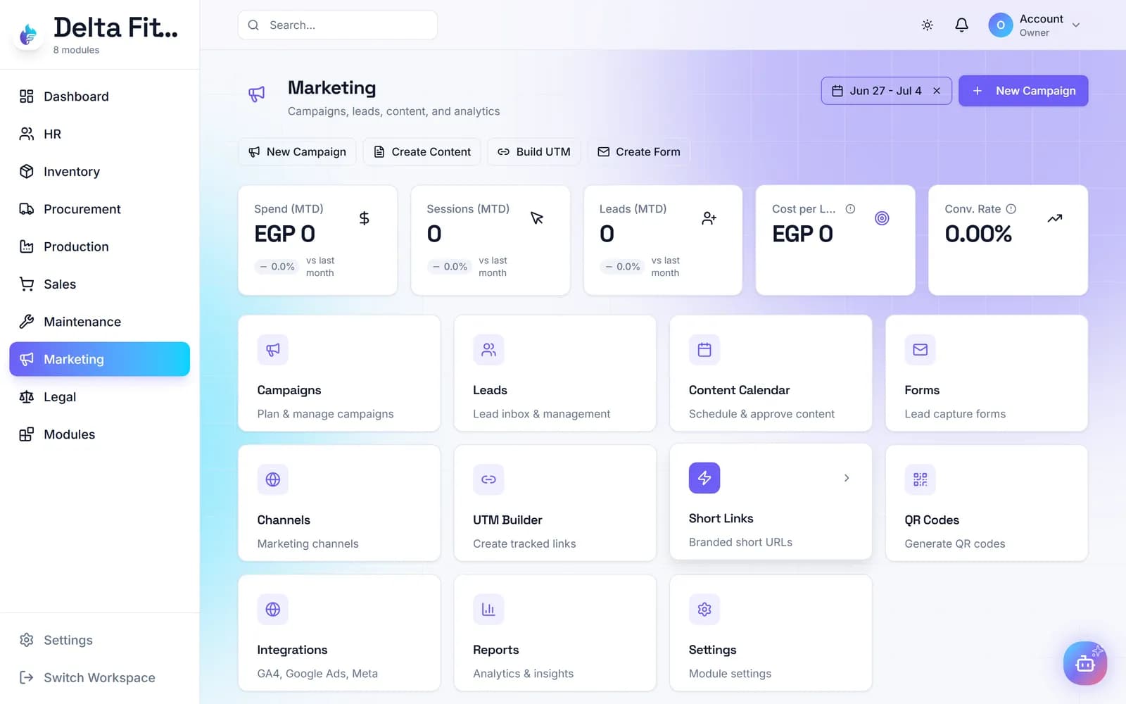 شاشة من وحدة التسويق في مساحة عمل ERP-Forge