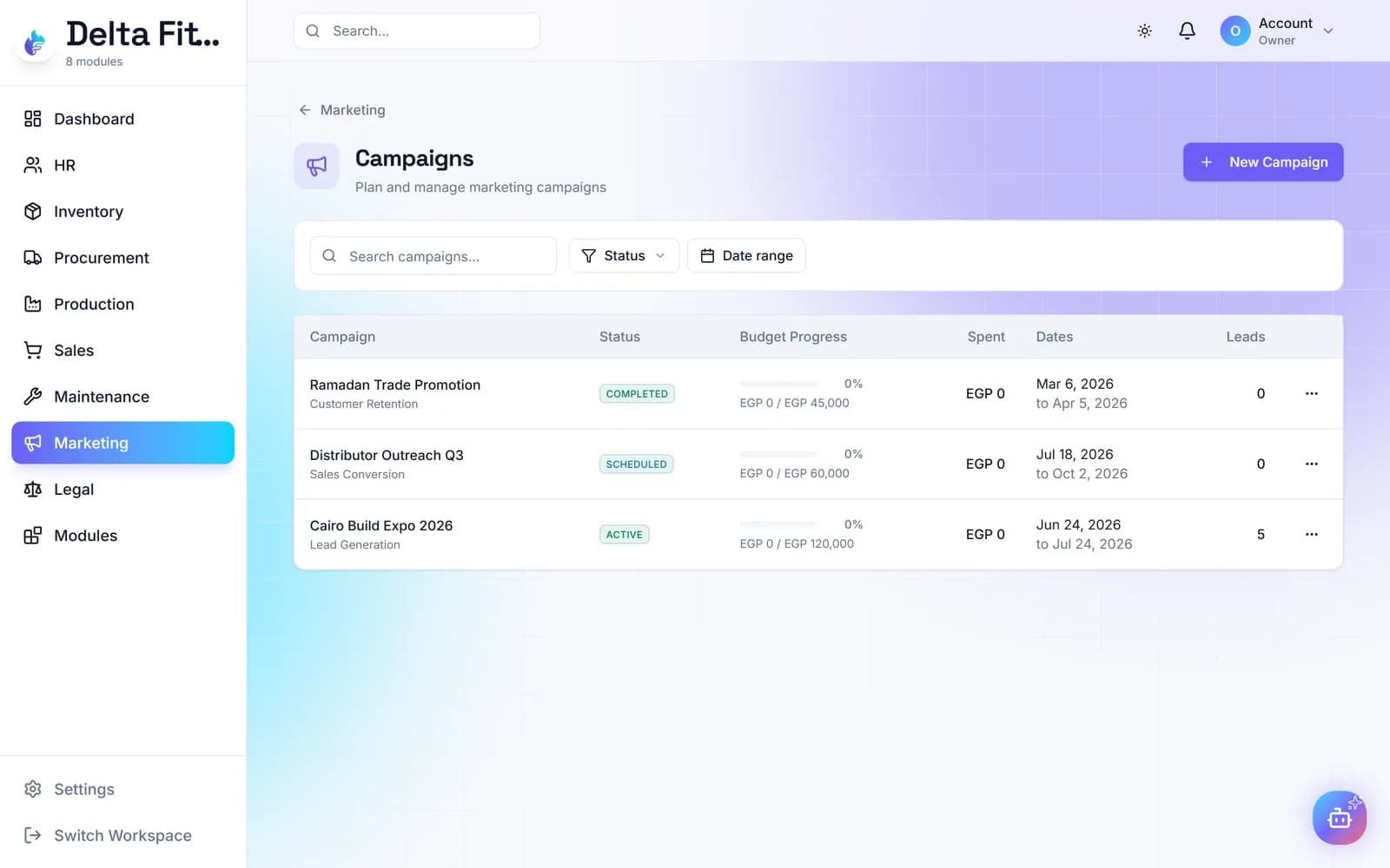 شاشة من وحدة التسويق في مساحة عمل ERP-Forge